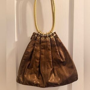 Trina Turk Metallic Leather Pleated Hobo Shoulder Bag with Gold Accents
